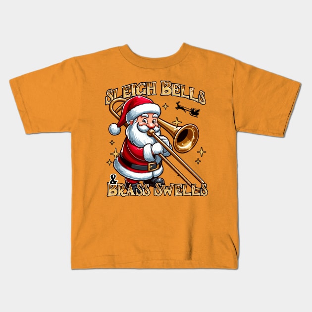 Santa Playing the Bass Trombone Kids T-Shirt by Quirk Print Studios 